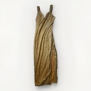 Vintage 70s Gold Lace Formal Maxi Slit Dress Womens Best Fit XS/XXS Made in USA